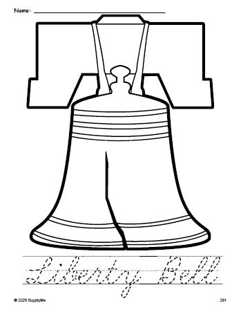 Free printable Liberty Bell Fourth of July coloring page and cursive word tracing worksheet, perfect for preschool, pre-k, and kindergarten, PDF