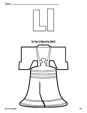 Free printable Liberty Bell Fourth of July coloring page, letter l coloring page for preschool, pre-k, and kindergarten, PDF