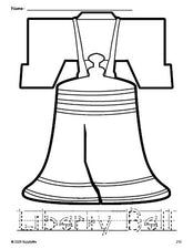 Free printable Liberty Bell Fourth of July coloring page and word tracing worksheet, letter formation guides, perfect for preschool, pre-k, and kindergarten, PDF