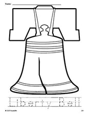 Free printable Liberty Bell Fourth of July coloring page and word tracing worksheet, perfect for preschool, pre-k, and kindergarten, PDF