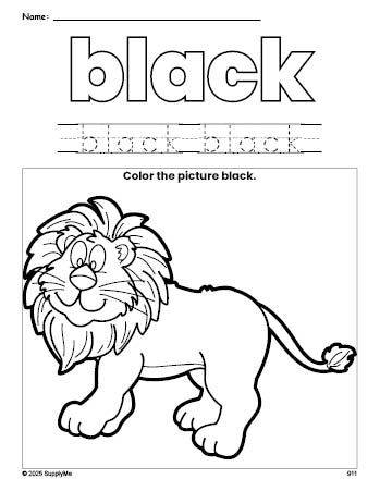 Free lion color black coloring page and color worksheet, black worksheet for preschoolers to learn colors, printable PDF