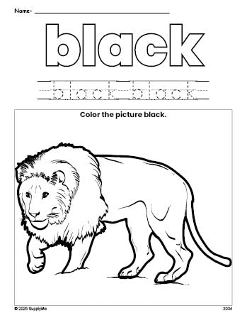 Free lion color black coloring page and color worksheet, black worksheet for preschoolers to learn colors, printable PDF