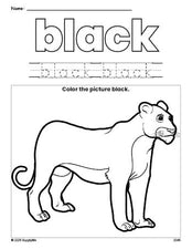 Free lion color black coloring page and color worksheet, black worksheet for preschoolers to learn colors, printable PDF