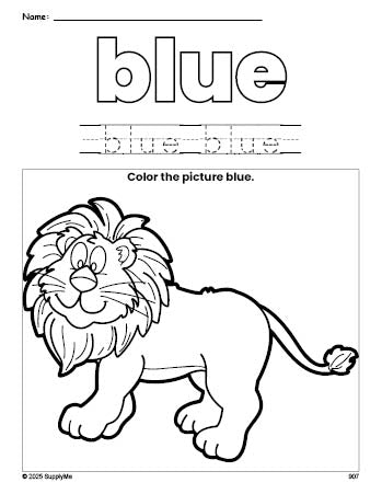 Free lion color blue coloring page and color worksheet, blue worksheet for preschoolers to learn colors, printable PDF