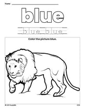 Free lion color blue coloring page and color worksheet, blue worksheet for preschoolers to learn colors, printable PDF