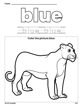 Free lion color blue coloring page and color worksheet, blue worksheet for preschoolers to learn colors, printable PDF