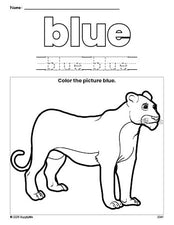 Free lion color blue coloring page and color worksheet, blue worksheet for preschoolers to learn colors, printable PDF