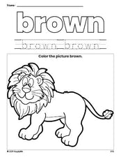 Free lion color brown coloring page and color worksheet, brown worksheet for preschoolers to learn colors, printable PDF