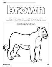 Free lion color brown coloring page and color worksheet, brown worksheet for preschoolers to learn colors, printable PDF