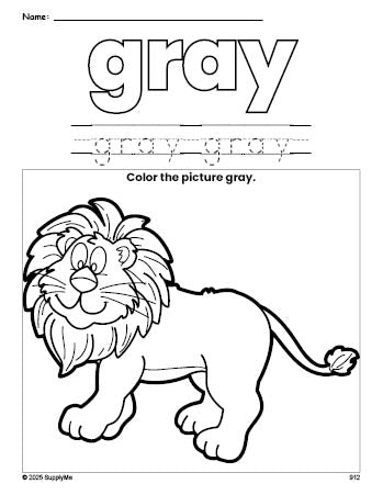 Free lion color gray coloring page and color worksheet, gray worksheet for preschoolers to learn colors, printable PDF