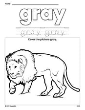 Free lion color gray coloring page and color worksheet, gray worksheet for preschoolers to learn colors, printable PDF