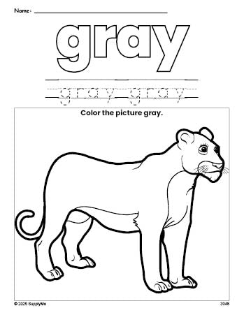 Free lion color gray coloring page and color worksheet, gray worksheet for preschoolers to learn colors, printable PDF