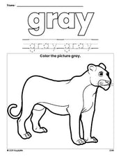 Free lion color gray coloring page and color worksheet, gray worksheet for preschoolers to learn colors, printable PDF