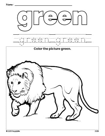 Free lion color green coloring page and color worksheet, green worksheet for preschoolers to learn colors, printable PDF