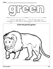 Free lion color green coloring page and color worksheet, green worksheet for preschoolers to learn colors, printable PDF