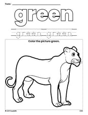 Free lion color green coloring page and color worksheet, green worksheet for preschoolers to learn colors, printable PDF