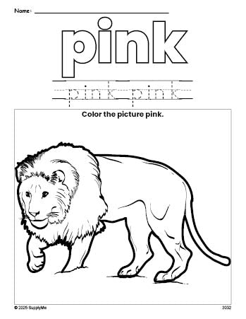 Free lion color pink coloring page and color worksheet, pink worksheet for preschoolers to learn colors, printable PDF