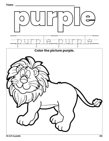 Free lion color purple coloring page and color worksheet, purple worksheet for preschoolers to learn colors, printable PDF