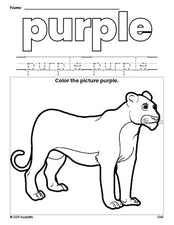 Free lion color purple coloring page and color worksheet, purple worksheet for preschoolers to learn colors, printable PDF