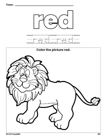 Free lion color red coloring page and color worksheet, red worksheet for preschoolers to learn colors, printable PDF