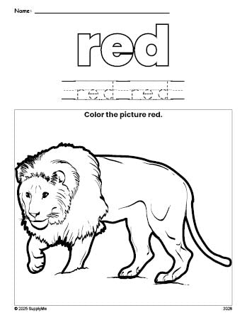 Free lion color red coloring page and color worksheet, red worksheet for preschoolers to learn colors, printable PDF