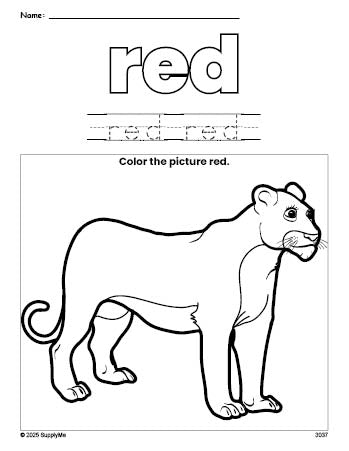 Free lion color red coloring page and color worksheet, red worksheet for preschoolers to learn colors, printable PDF