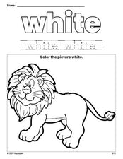 Free lion color white coloring page and color worksheet, white worksheet for preschoolers to learn colors, printable PDF