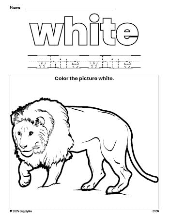 Free lion color white coloring page and color worksheet, white worksheet for preschoolers to learn colors, printable PDF