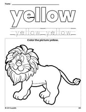 Free lion color yellow coloring page and color worksheet, yellow worksheet for preschoolers to learn colors, printable PDF