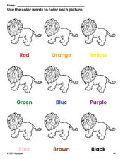 Free lion coloring page and color worksheet for preschoolers to learn colors, printable PDF