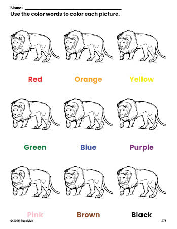 Free lion coloring page and color worksheet for preschoolers to learn colors, printable PDF