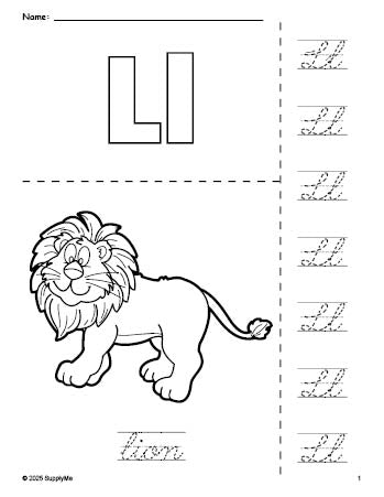 Free printable lion coloring page and cursive letter tracing worksheet, letter l worksheet for preschool, pre-k, and kindergarten, PDF