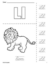 Free printable lion coloring page and cursive letter tracing worksheet, letter l worksheet for preschool, pre-k, and kindergarten, PDF