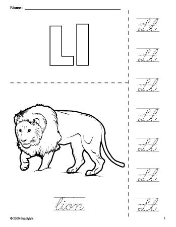 Free printable lion coloring page and cursive letter tracing worksheet, letter l worksheet for preschool, pre-k, and kindergarten, PDF