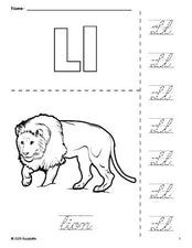 Free printable lion coloring page and cursive letter tracing worksheet, letter l worksheet for preschool, pre-k, and kindergarten, PDF