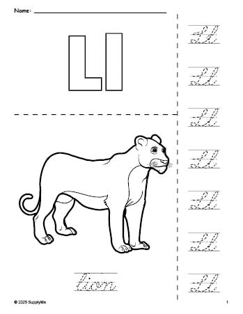 Free printable lion coloring page and cursive letter tracing worksheet, letter l worksheet for preschool, pre-k, and kindergarten, PDF