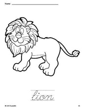 Free printable lion coloring page and cursive word tracing worksheet, perfect for preschool, pre-k, and kindergarten, PDF