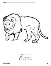 Free printable lion coloring page and cursive word tracing worksheet, perfect for preschool, pre-k, and kindergarten, PDF