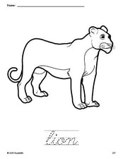 Free printable lion coloring page and cursive word tracing worksheet, perfect for preschool, pre-k, and kindergarten, PDF