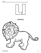 Free printable lion coloring page, letter l coloring page for preschool, pre-k, and kindergarten, PDF