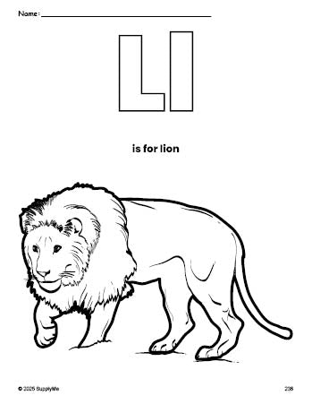 Free printable lion coloring page, letter l coloring page for preschool, pre-k, and kindergarten, PDF