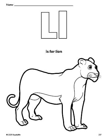 Free printable lion coloring page, letter l coloring page for preschool, pre-k, and kindergarten, PDF