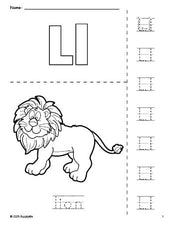 Free printable lion coloring page and letter tracing worksheet, letter l worksheet for preschool, pre-k, and kindergarten, PDF