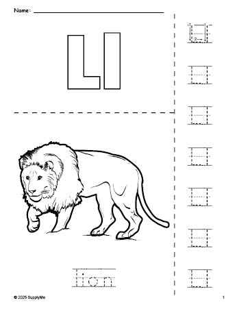 Free printable lion coloring page and letter tracing worksheet, letter l worksheet for preschool, pre-k, and kindergarten, PDF