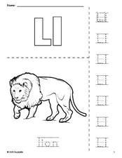 Free printable lion coloring page and letter tracing worksheet, letter l worksheet for preschool, pre-k, and kindergarten, PDF