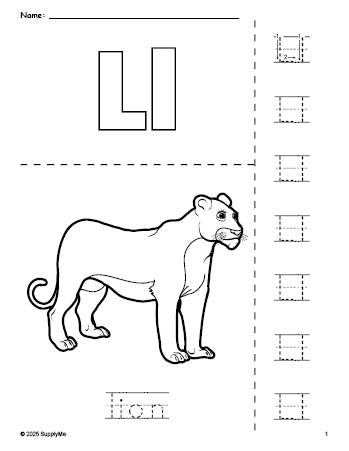 Free printable lion coloring page and letter tracing worksheet, letter l worksheet for preschool, pre-k, and kindergarten, PDF