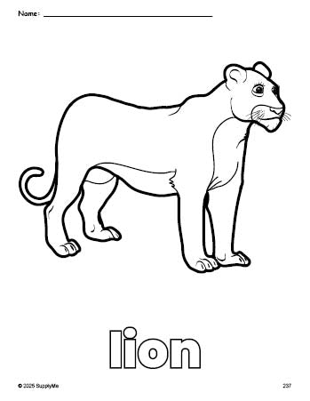 Free printable lion coloring page for preschool, pre-k, and kindergarten, PDF