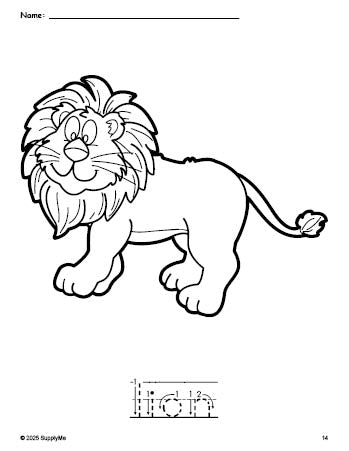 Free printable lion coloring page and word tracing worksheet, letter formation guides, perfect for preschool, pre-k, and kindergarten, PDF