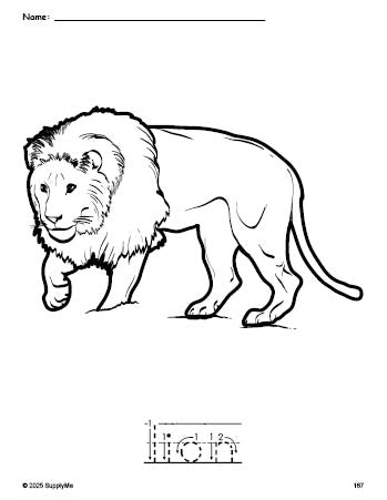 Free printable lion coloring page and word tracing worksheet, letter formation guides, perfect for preschool, pre-k, and kindergarten, PDF