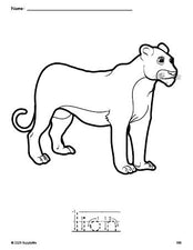 Free printable lion coloring page and word tracing worksheet, letter formation guides, perfect for preschool, pre-k, and kindergarten, PDF